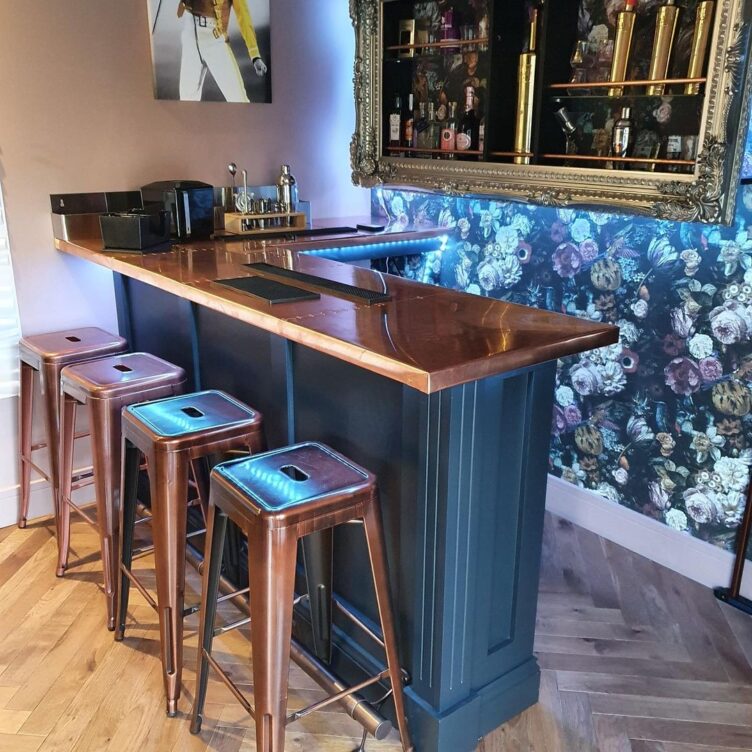 custom made copper bar top with copper stools