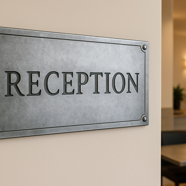 A bespoke zinc sign on a wall in a hotel lobby reception area with the word 'RECEPTION' engraved on it.